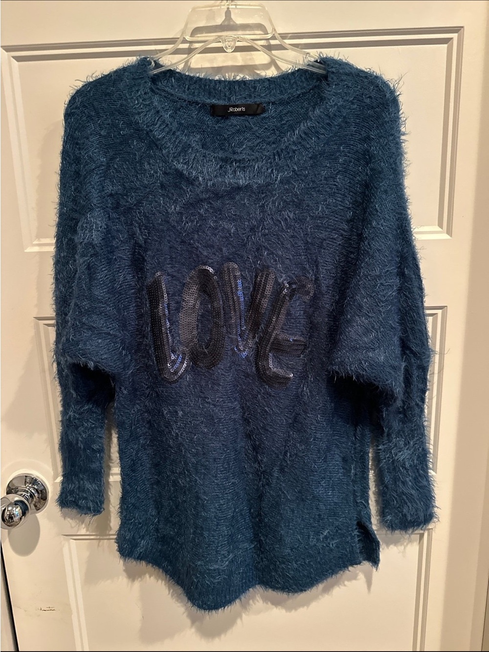Cozy Teal Fuzzy Crewneck Sweater with Sequin LOVE Detail
